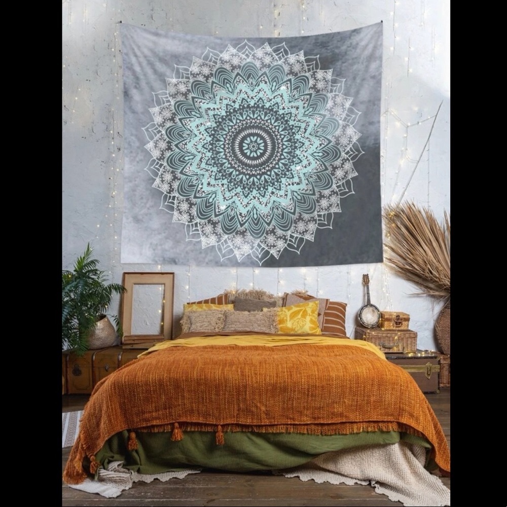 Boho Mandala Grey and Blue Geometric Tapestry Wall Hanging - Picture 3 of 5
